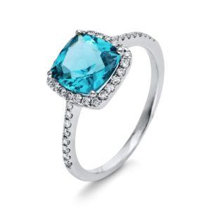 Verlobungsring mit blauem Stein im Peruzzischliff- 4er-Krappenfassung - Halo - Weißgold