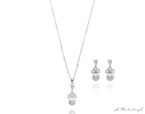 Brautschmuck-Set Silber Süßwasser Perle Ohrringe und Kette Armband creme